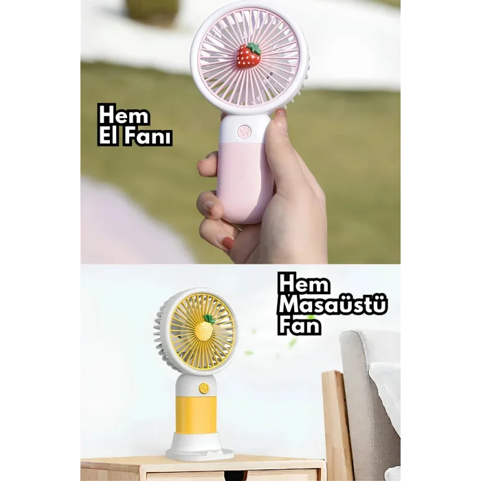 BUĞZ Pembe Meyve Figürlü Şarjlı El ve Masa Fanı, Standı ile Kullanım Kolaylığı Sağlar