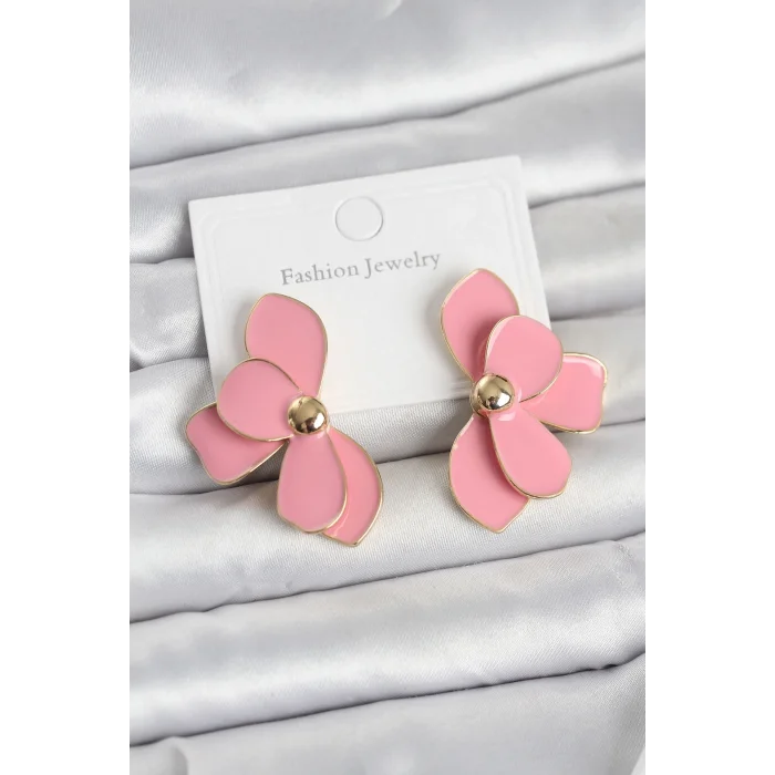 BUĞZ Pembe Mineli Lotus Model Pirinç Kadın Küpe
