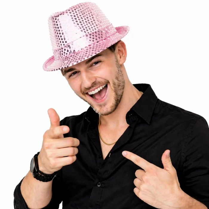BUĞZ Pembe Payetli Disco Parti Şapkası Yetişkin Işıltılı Fötr Model