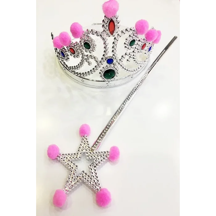  Pembe Ponponlu Gümüş Renk Prenses Tacı ve Gümüş Renk Prenses Asası