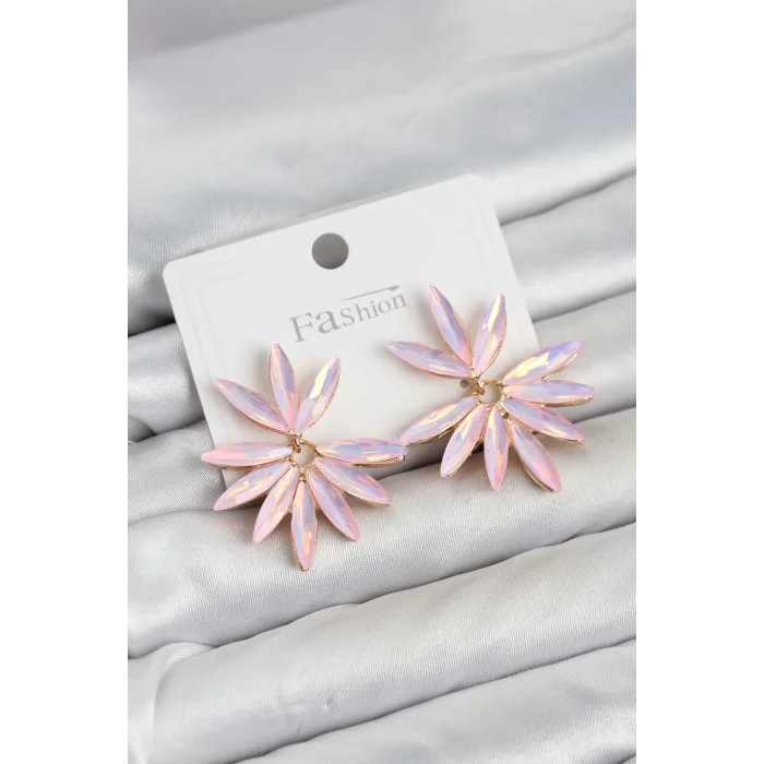 BUĞZ Pembe Renk Kristal Taşlı Lotus Model Kadın Küpe