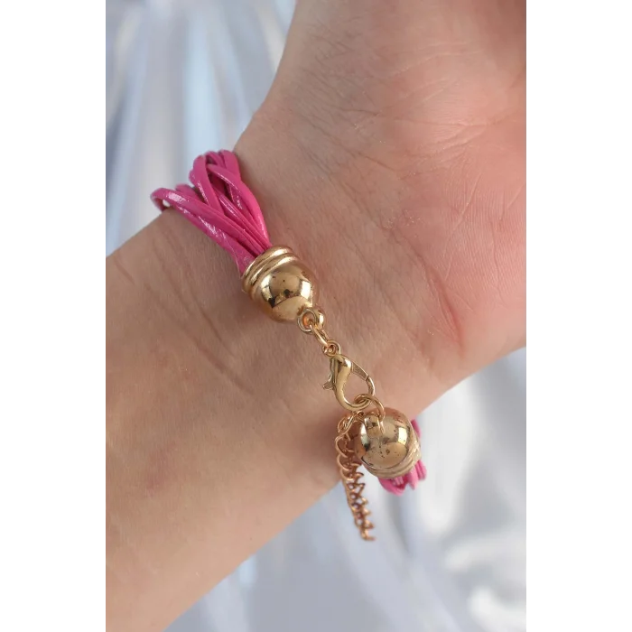 BUĞZ Pembe Renk Zirkon Taşlı İpli Çoklu Bileklik