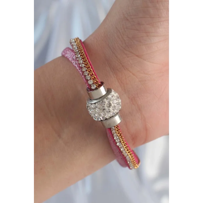 BUĞZ Pembe Renk Zirkon Taşlı Püskül Detay Deri Çoklu Bileklik - Lisinya