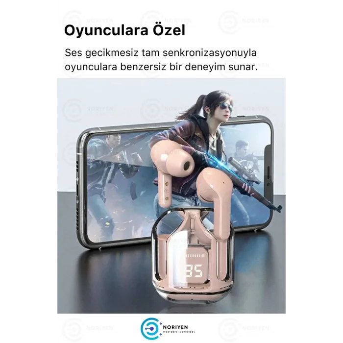 BUĞZ Pembe renkli, suya dayanıklı ve aktif gürültü önlemeli kablosuz kulaklık. Mikrofon özelliği bulunur.