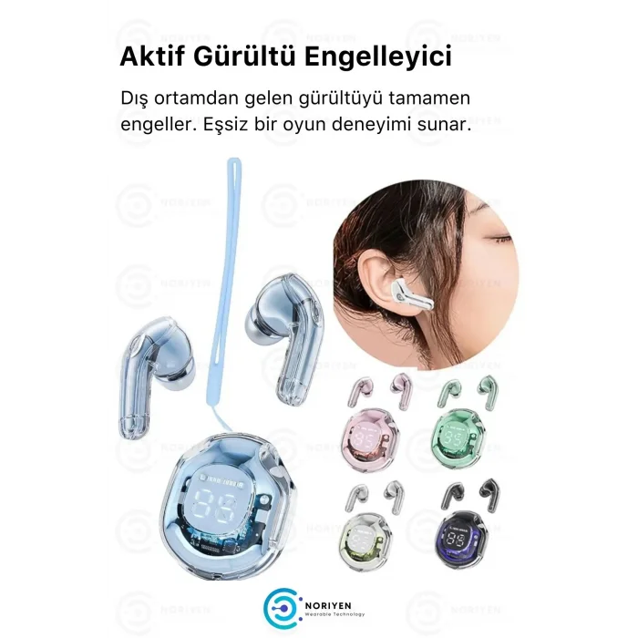 BUĞZ Pembe renkli, suya dayanıklı ve aktif gürültü önlemeli kablosuz kulaklık. Mikrofon özelliği bulunur.