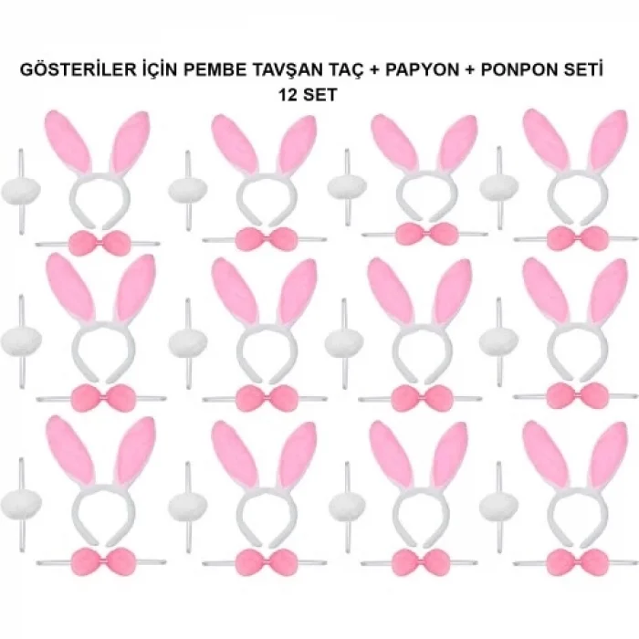  Pembe Tavşan Kostüm Seti – Taç, Papyon, Ponpon (12’li Paket)