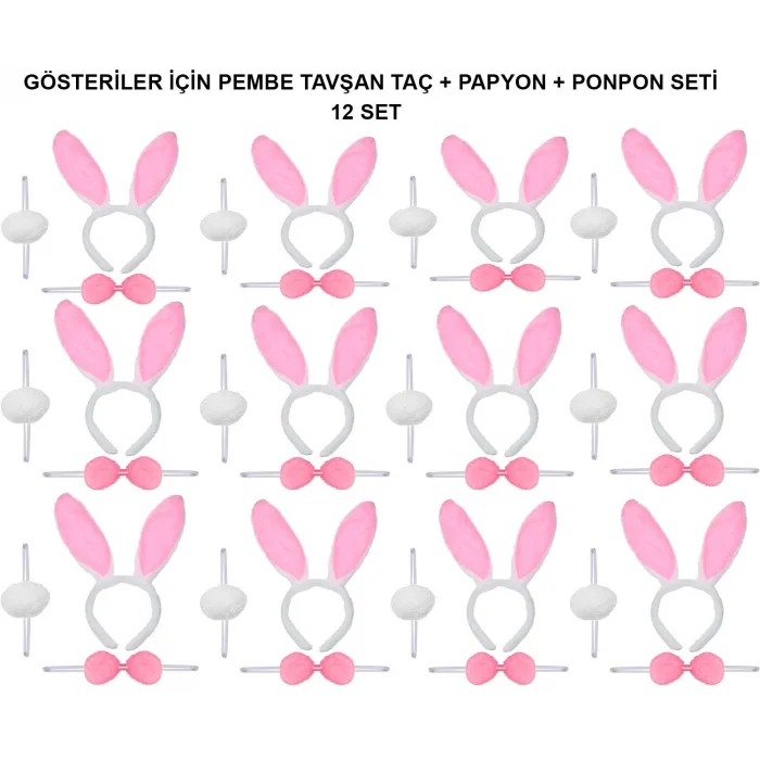  Pembe Tavşan Kostüm Seti – Taç, Papyon, Ponpon (12’li Paket)