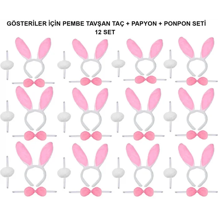 BUĞZ Pembe Tavşan Kostüm Seti – Taç, Papyon, Ponpon (12’li Paket)