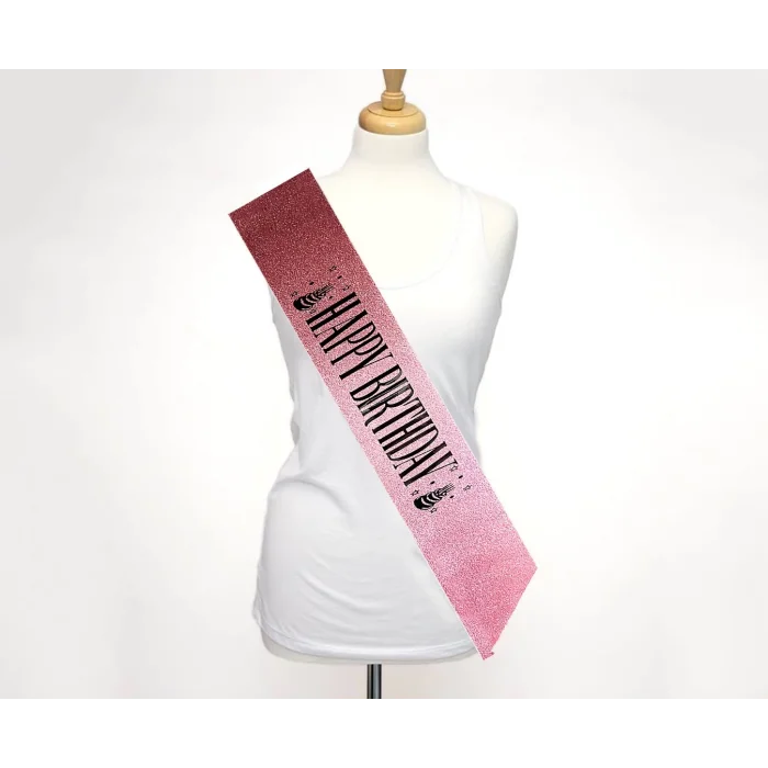  Pembe Üzeri Siyah Büyük Happy Birthday Yazılı Simli Işıltılı Kuşak Kemer 10 cm Genişlik