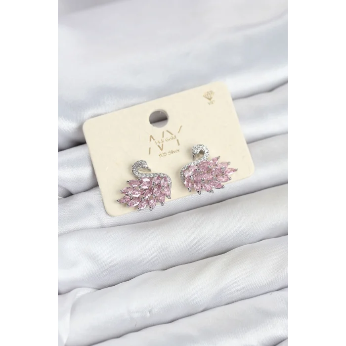 BUĞZ Pembe Zirkon Taşlı Gümüş Swan Kuğu Model Kadın Küpe