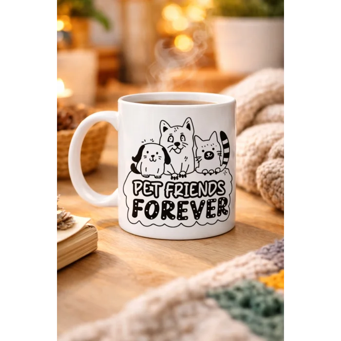 BUĞZ Pet Friends Forever Porselen Kupa MODEL 69 – Kedi & Köpek Figürlü Sevimli Tasarım, Hayvan Severlere Özel Kahve ve Çay Kupası