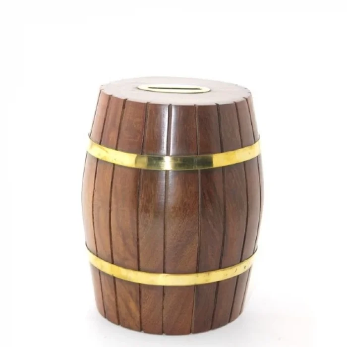  Pirinç Ahşap Fıçı Kumbara 15 Cm