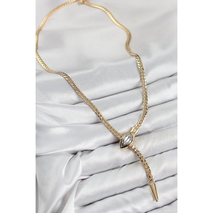 BUĞZ Pirinç Asansörlü Yılan Model Gold Renk Kadın Kolye - BUĞZ