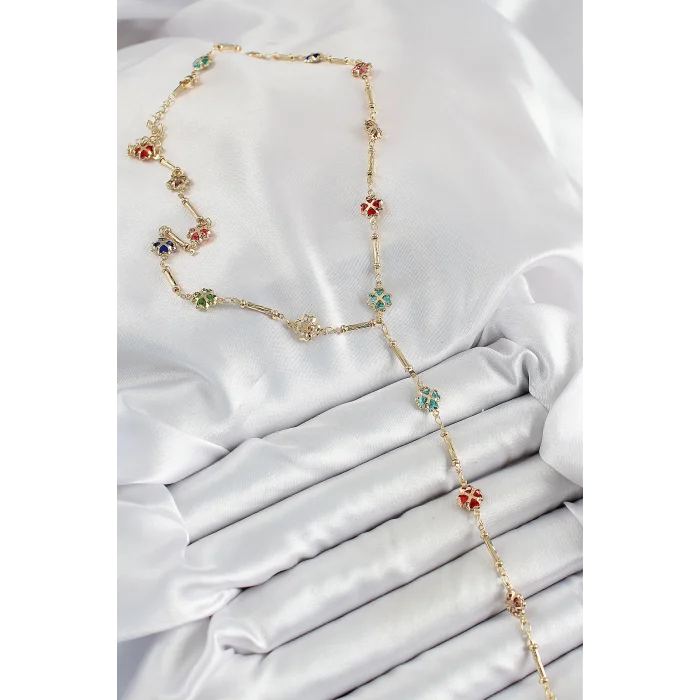 BUĞZ Pirinç Asorti Kalpli Yonca Model Gold Renk Zirkon Taşlı Y Kolye - BUĞZ