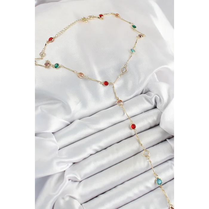 BUĞZ Pirinç Asorti Model Gold Renk Zirkon Taşlı Y Kolye