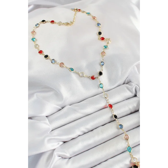 BUĞZ Pirinç Asorti Model Gold Renk Zirkon Taşlı Y Kolye - BUĞZ