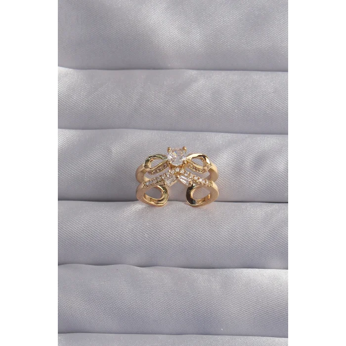 BUĞZ Pirinç Ayarlamalı Gold Renk Zirkon Taşlı 2li Görünüm Fiyonk Yüzük