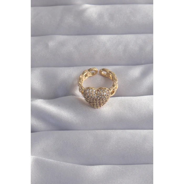 BUĞZ Pirinç Ayarlamalı Gold Renk Zirkon Taşlı Bombeli Kalp Yüzük - Lisinya