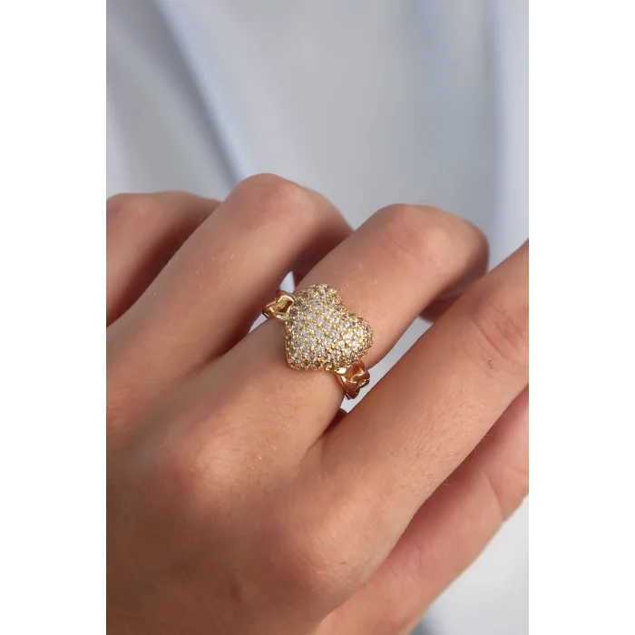 BUĞZ Pirinç Ayarlamalı Gold Renk Zirkon Taşlı Bombeli Kalp Yüzük - Lisinya