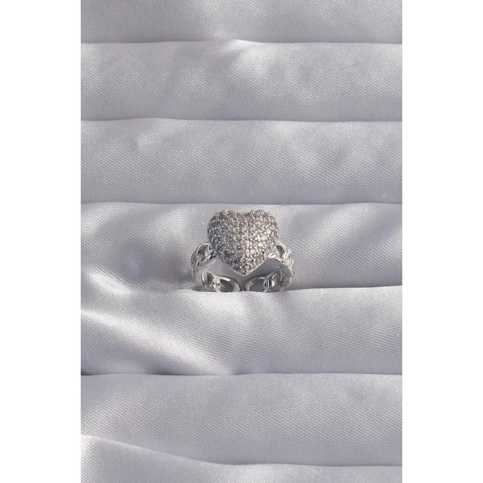 BUĞZ Pirinç Ayarlamalı Gümüş Renk Zirkon Taşlı Bombeli Kalp Yüzük