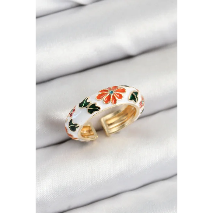 BUĞZ Pirinç Beyaz Mineli Çiçek Motifli Gold Renk Ayarlanabilir Kadın Yüzük