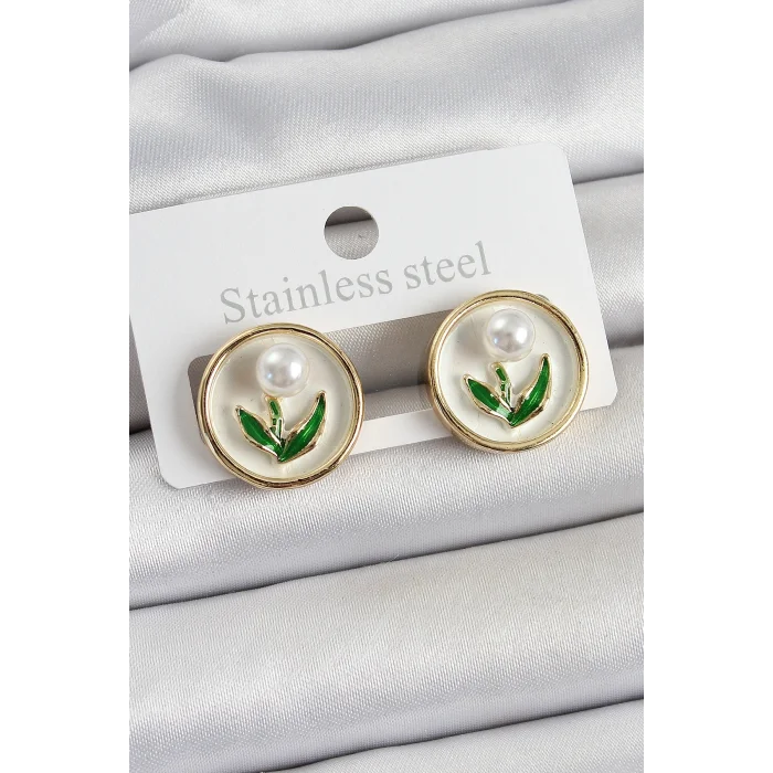 BUĞZ Pirinç Beyaz Mineli Lale Figürlü Sanatsal Portre Model Gold Renk Kadın Küpe