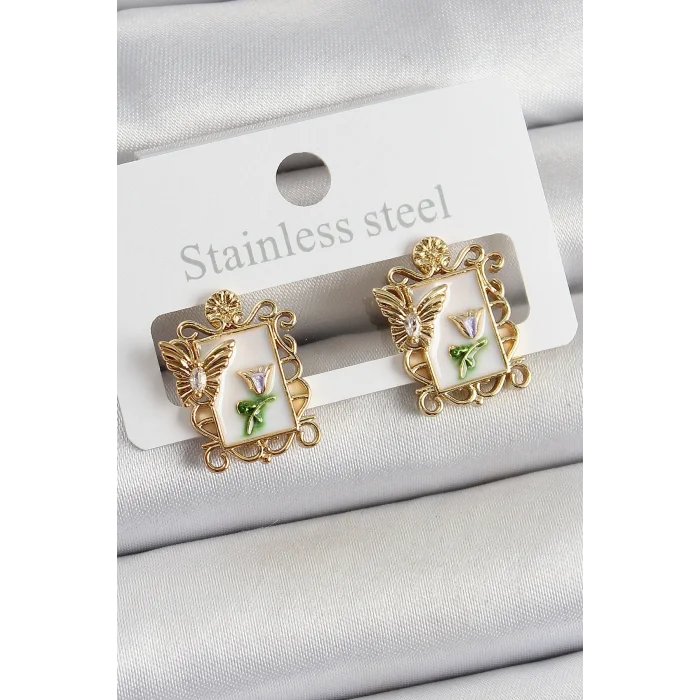 BUĞZ Pirinç Beyaz Mineli Sanatsal Portre Model Gold Renk Kadın Küpe