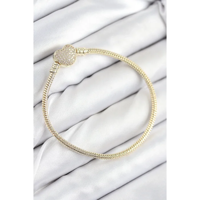 BUĞZ Pirinç Charm Zirkon Taşlı Kalp Model Gold Renk Kadın Bileklik