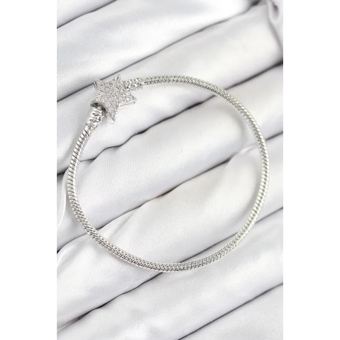 BUĞZ Pirinç Charm Zirkon Taşlı Yıldız Model Gümüş Renk Kadın Bileklik