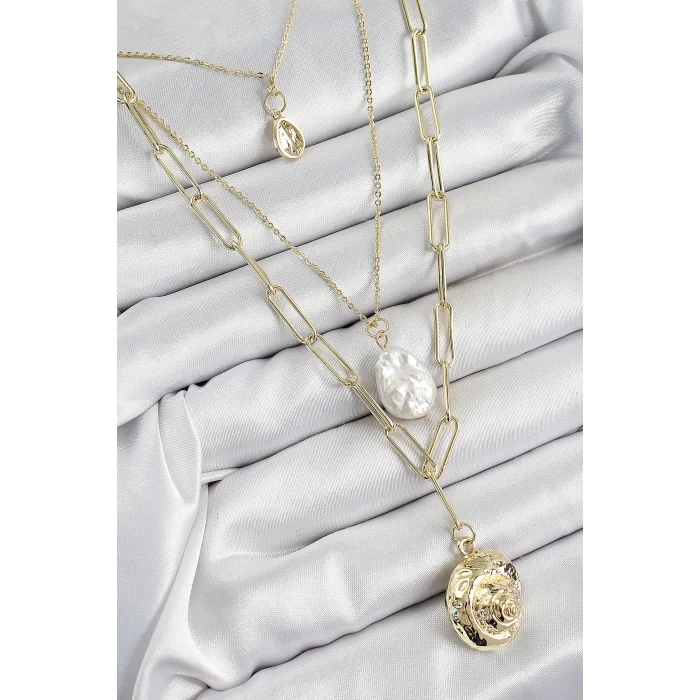 BUĞZ Pirinç Çoklu Zincirli İncili Deniz Kabuğu Model Gold Renk Kadın Kolye - Lisinya