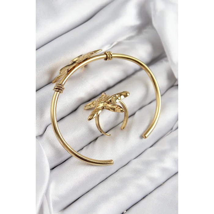 BUĞZ Pirinç Deniz Yıldızı Model Gold Renk Bileklik Yüzük Set - Lisinya