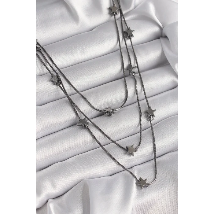 BUĞZ Pirinç Füme Renk 3Lü Yıldız Model Kadın Kolye