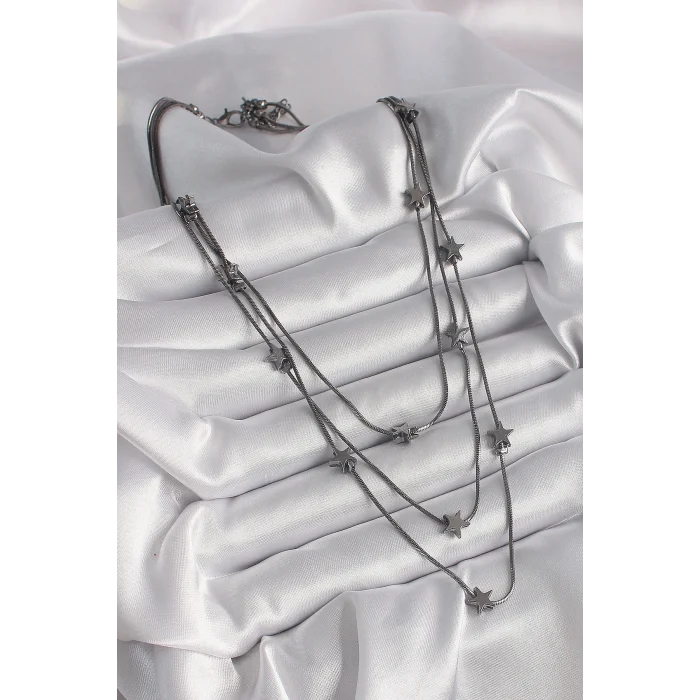 BUĞZ Pirinç Füme Renk 3Lü Yıldız Model Kadın Kolye - Lisinya