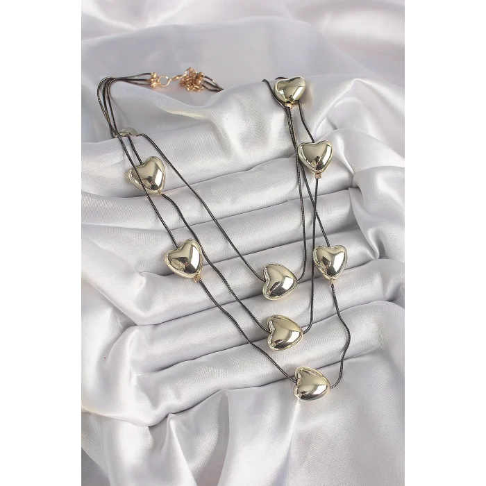 BUĞZ Pirinç Füme Renk Zincir 3D Gold Renk Kalp Model Kadın Kolye