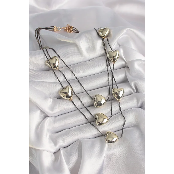BUĞZ Pirinç Füme Renk Zincir 3D Gold Renk Kalp Model Kadın Kolye - Lisinya