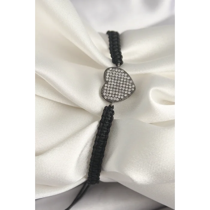 BUĞZ Pirinç Füme Renk Zirkon Taşlı Kalp Figür Asansörlü Makrome Model Kadın Bileklik