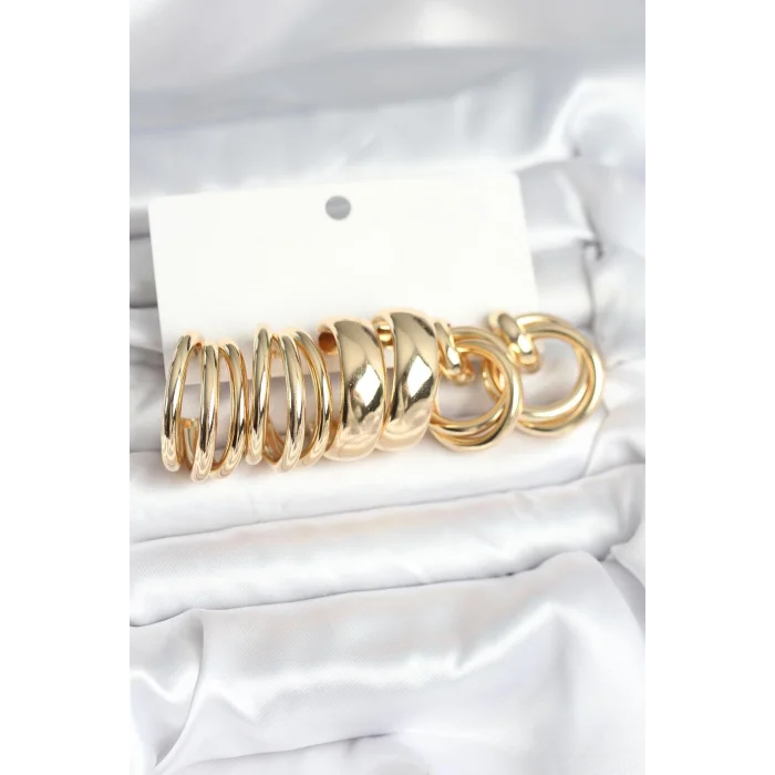 BUĞZ Pirinç Gold Renk 3 Çift Vintage Kadın Küpe Seti