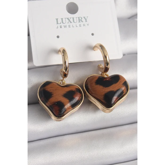 BUĞZ Pirinç Gold Renk 3D Kalp Leopar Desen Model Kadın Küpe