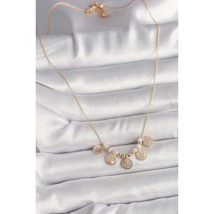 BUĞZ Pirinç Gold Renk 5Li Osmanlı Tuğra Figür İnci Detay Kadın Kolye - BUĞZ