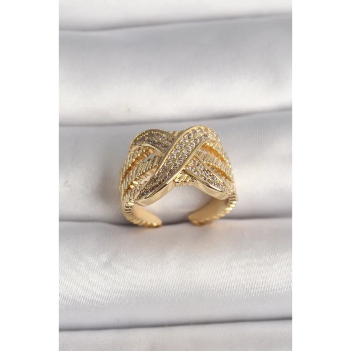 BUĞZ Pirinç Gold Renk Ayarlanabilir Zirkon Taşlı X Model Kadın Yüzük