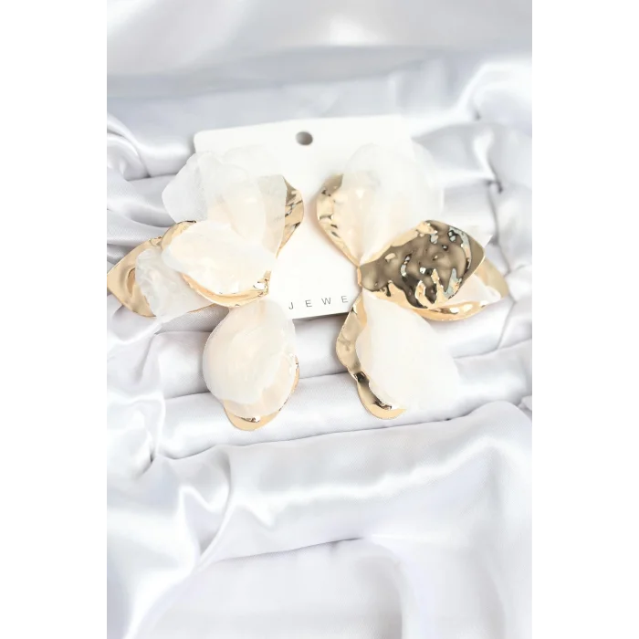 BUĞZ Pirinç Gold Renk Beyaz Tüllü Lotus Kadın Küpe