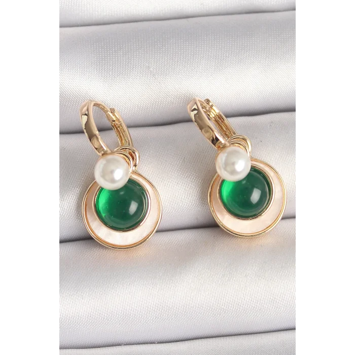 BUĞZ Pirinç Gold Renk Beyaz Yeşil Sallantı Mineli Kadın Küpe