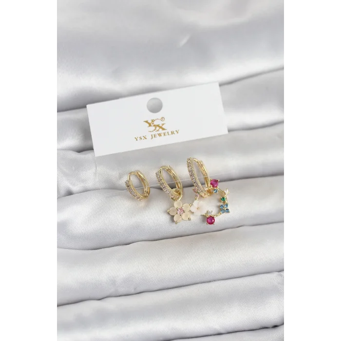 BUĞZ Pirinç Gold Renk Çiçek Model 3lü Kadın Küpe