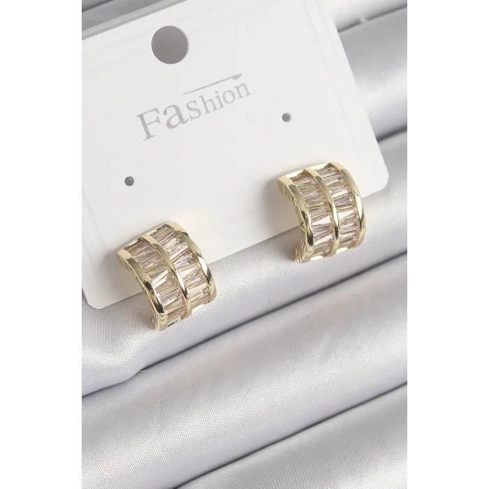 BUĞZ Pirinç Gold Renk Çift Sıra Zirkon Taşlı Kadın Küpe