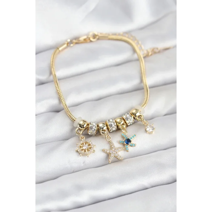 BUĞZ Pirinç Gold Renk Deniz Tema Charmlı Kadın Bileklik