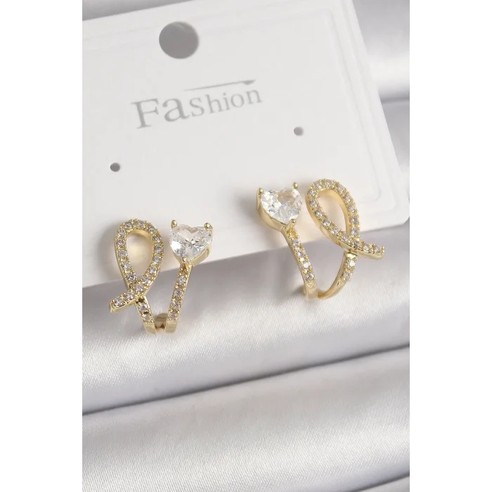 BUĞZ Pirinç Gold Renk Düğüm Model Zirkon Taşlı Kalp Detay Kadın Küpe