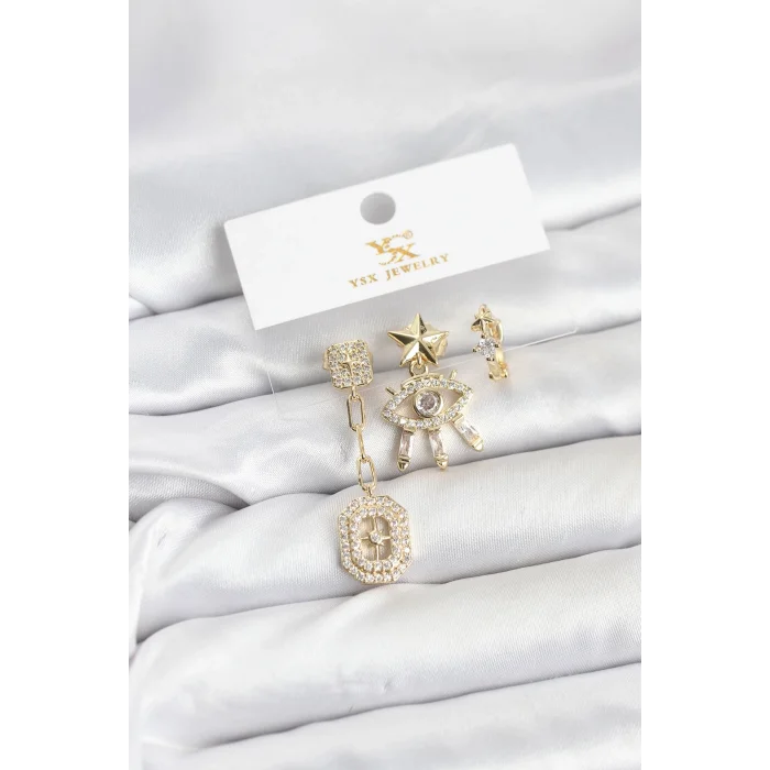 BUĞZ Pirinç Gold Renk Göz ve Kutup Yıldızı Model YSX Trio Küpe Seti