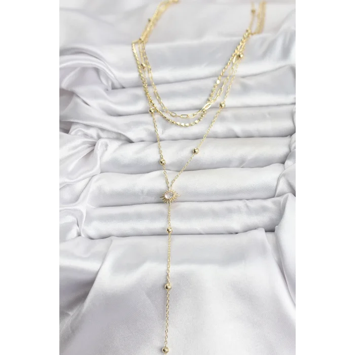 BUĞZ Pirinç Gold Renk Güneş Model Detaylı 3lü Kombin Y Kadın Kolye - Lisinya