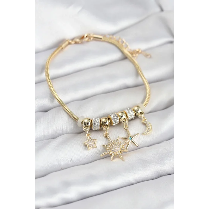 BUĞZ Pirinç Gold Renk Güneş Tema Charmlı Kadın Bileklik
