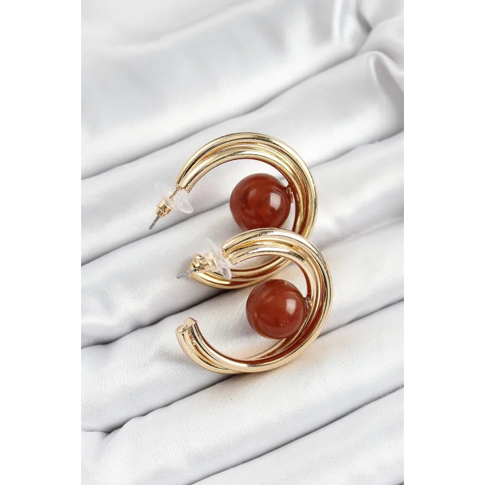 BUĞZ Pirinç Gold Renk Halka Model Kahverengi Boncuk Detay Kadın Küpe